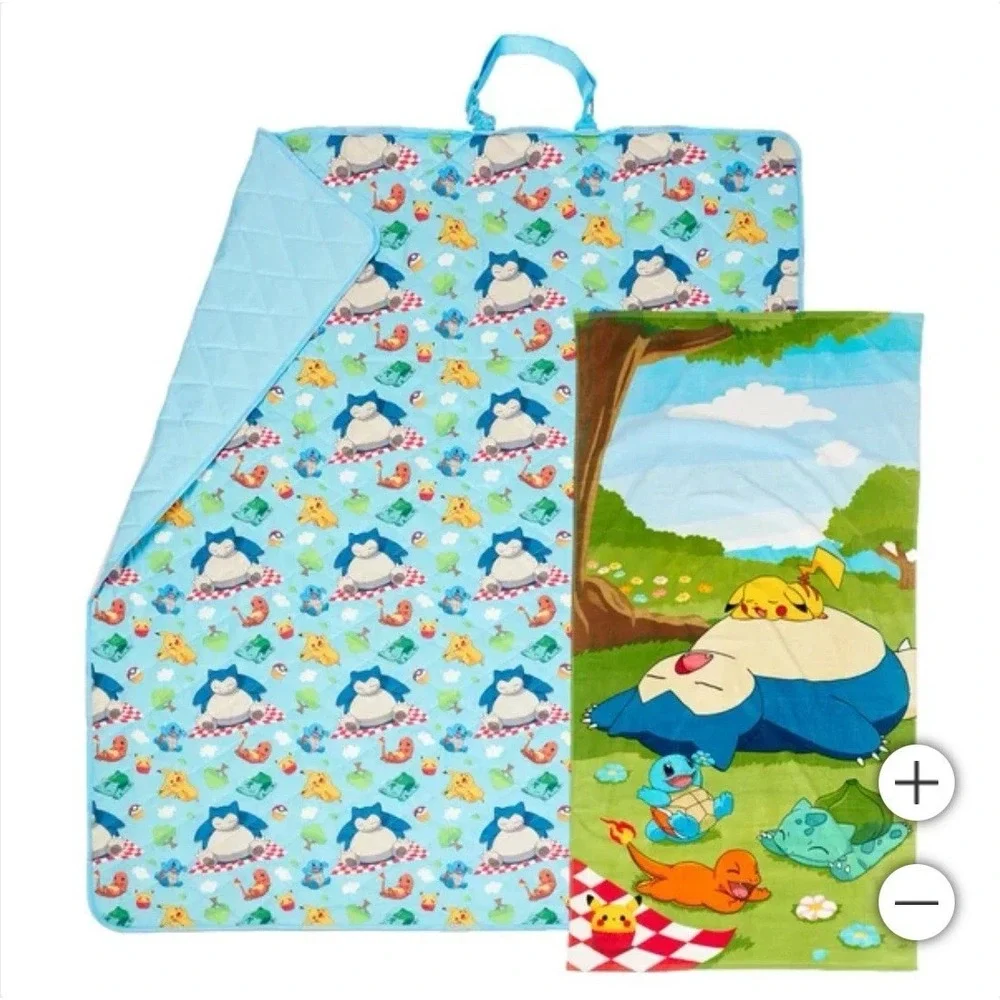 NEW Pokemon Outdoor Picnic Blanket & Beach Towel Set Zip‎ Closure Washable Gift